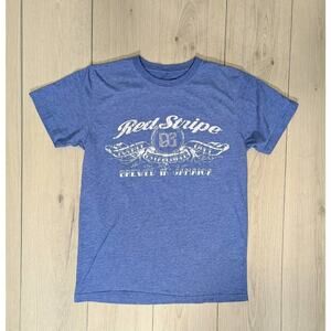 Red Stripe Brewing T Shirt Mens Medium Jamaican Beer Graphic Two Sided SS Blue